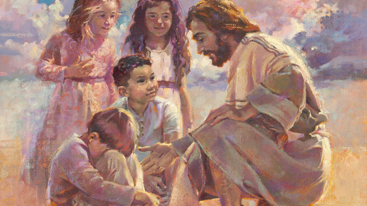 Jesus seated with children gathered around him